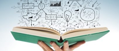 education and book concept - close up of female hand holding open green book with big plan