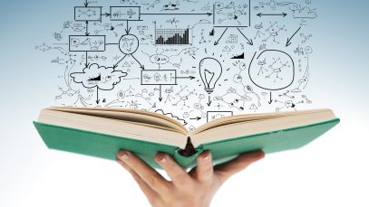 education and book concept - close up of female hand holding open green book with big plan