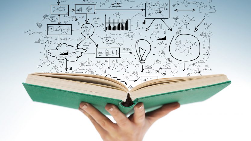 education and book concept - close up of female hand holding open green book with big plan