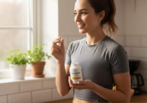 A woman holding Vitamin D supplements in a sunlit home environment, smiling naturally. Image depicts realistic women’s health and supplement usage for wellness and immunity.