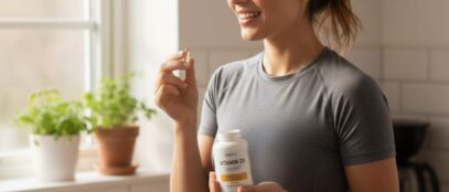 A woman holding Vitamin D supplements in a sunlit home environment, smiling naturally. Image depicts realistic women’s health and supplement usage for wellness and immunity.