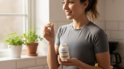 A woman holding Vitamin D supplements in a sunlit home environment, smiling naturally. Image depicts realistic women’s health and supplement usage for wellness and immunity.