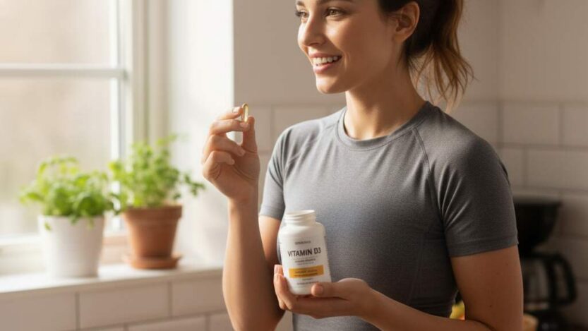 A woman holding Vitamin D supplements in a sunlit home environment, smiling naturally. Image depicts realistic women’s health and supplement usage for wellness and immunity.