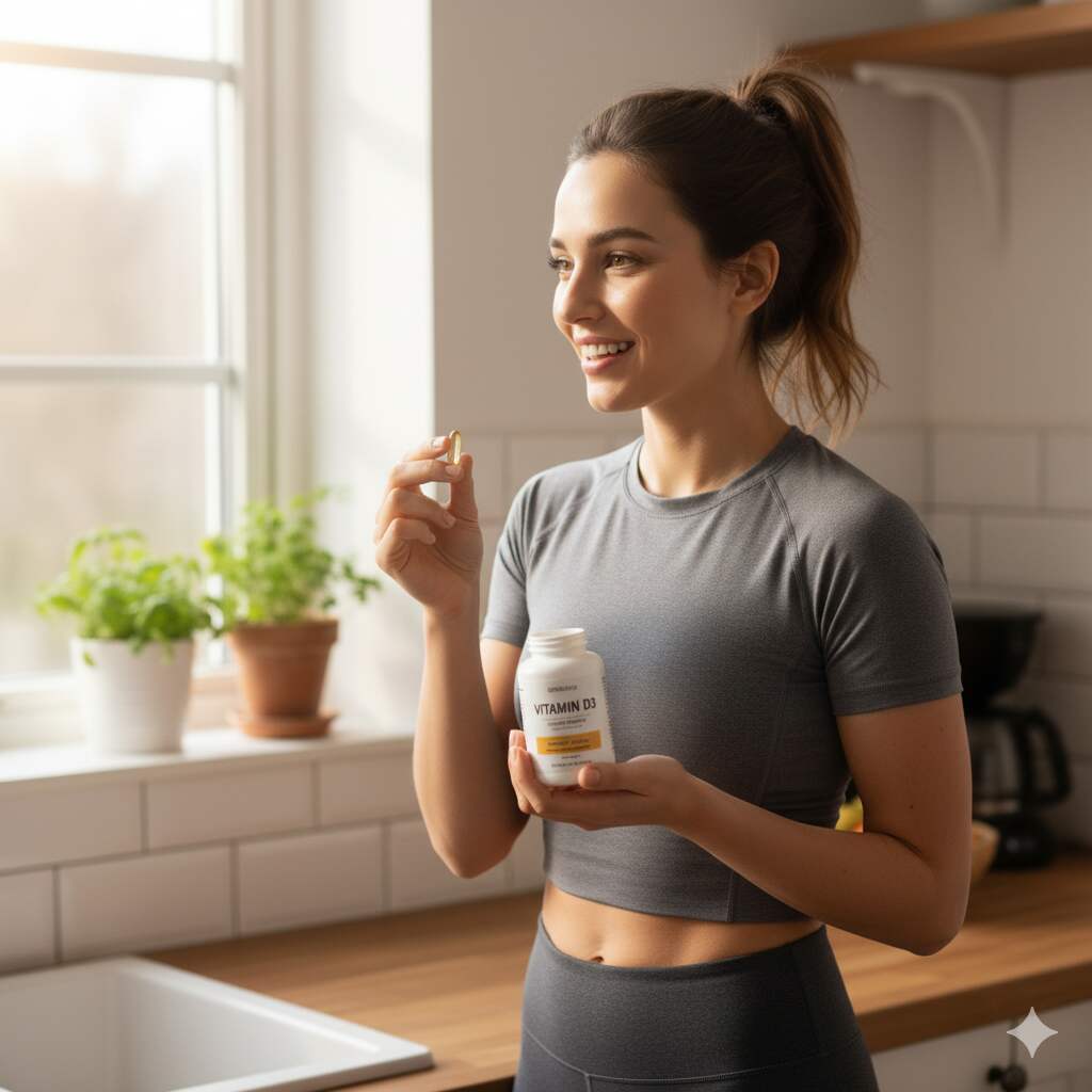 A woman holding Vitamin D supplements in a sunlit home environment, smiling naturally. Image depicts realistic women’s health and supplement usage for wellness and immunity.
