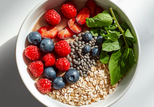 fibermaxxing high fiber breakfast bowl with chia seeds oats and berries