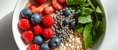 fibermaxxing high fiber breakfast bowl with chia seeds oats and berries