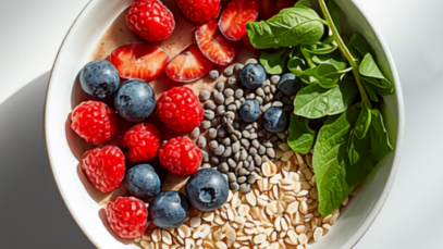 fibermaxxing high fiber breakfast bowl with chia seeds oats and berries