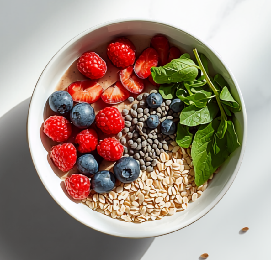 fibermaxxing high fiber breakfast bowl with chia seeds oats and berries
