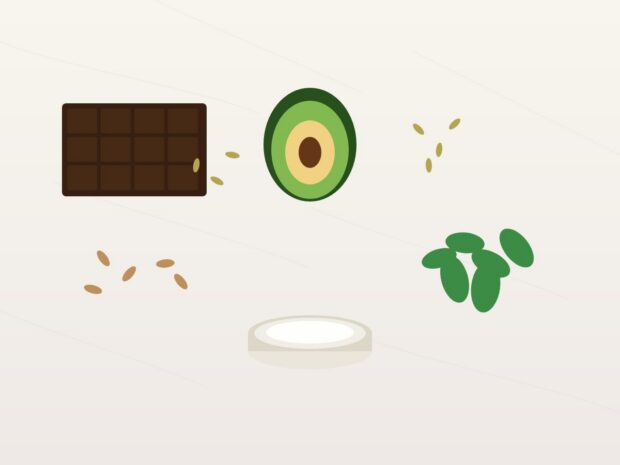 magnesium for women foods and supplements flat lay dark chocolate avocado almonds