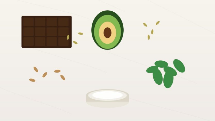 magnesium for women foods and supplements flat lay dark chocolate avocado almonds